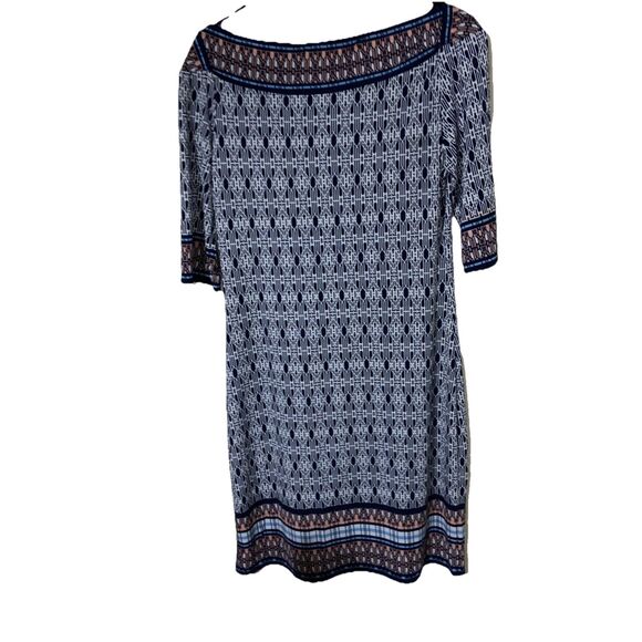 MAX STUDIO Mixed Print Sheath Dress L Blue Stretch Travel Knit - Picture 2 of 11